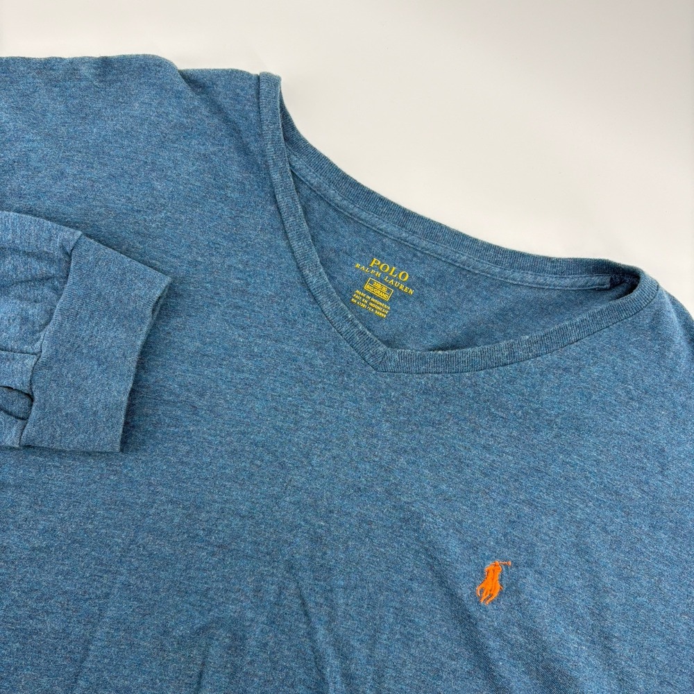 Polo Ralph Lauren Shirt Mens 3XB Long Sleeve Blue V Neck Orange Pony Preppy‎